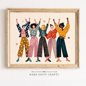 May include: A framed print depicting six figures with raised arms. Each figure is dressed in distinctive attire, such as polka dot trousers, striped tops, and patterned jackets. The colour scheme includes yellow, pink, blue, and black. The text "RARE DIGIT CRAFTS" is at the bottom.