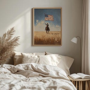 Silhouetted horseman digital print for office — evokes a patriotic atmosphere with its loose brushstrokes and rustic aesthetic.