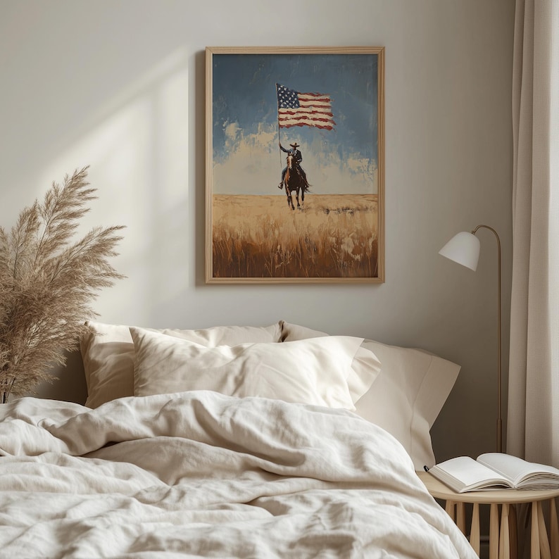 Silhouetted horseman digital print for office — evokes a patriotic atmosphere with its loose brushstrokes and rustic aesthetic.
