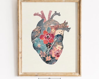 Lámina artística de corazón anatómico floral, decoración botánica (descarga digital)