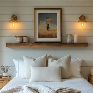 Vintage-inspired horseback rider art for entryway — a striking representation of patriotism with textured brushwork and soft tones.