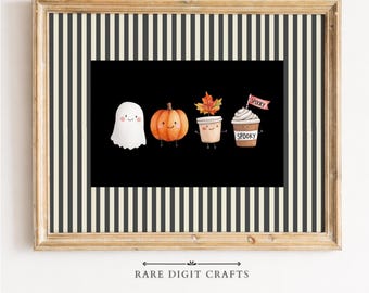 Cute Halloween Fall Icons, Pumpkin Ghost Leaf Latte, Black Background Printable Wall Art (Digital Download) 419