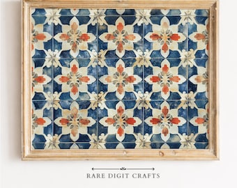 Coastal Tapestry Wall Art, Navy Terracotta Tile Pattern, Vintage Printable Decor (Digital Download) 374