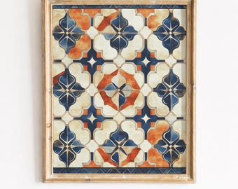 Mediterranean Geometric Tapestry, Navy Cream Terracotta Printable Wall Art (Digital Download) 346