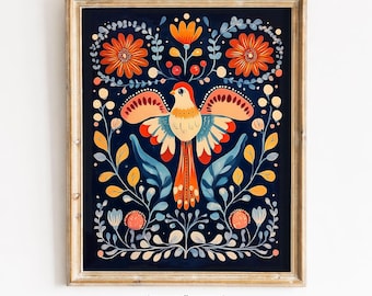 Skandinavische Vogel Kunst, Nordische Blumen Folk Art (Digitaler Download)