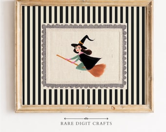 Vintage Whimsical Halloween Witch Wall Art | Retro Witch on Broom Print (Digital Download)