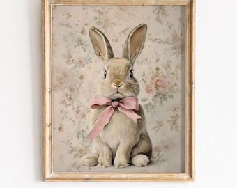 Vintage Osterhase Druck, rosa Schleife, Cottagecore Kaninchen Wand Kunst (digitaler Download)