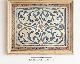Ornate Arabesque Tapestry, Vintage Textile Print, Muted Blue Terracotta Printable Wall Art (Digital Download) 369
