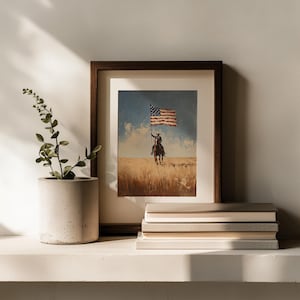 Lone equestrian riding with flag painting for living room — features a tranquil wheat field and evokes a nostalgic Americana mood.