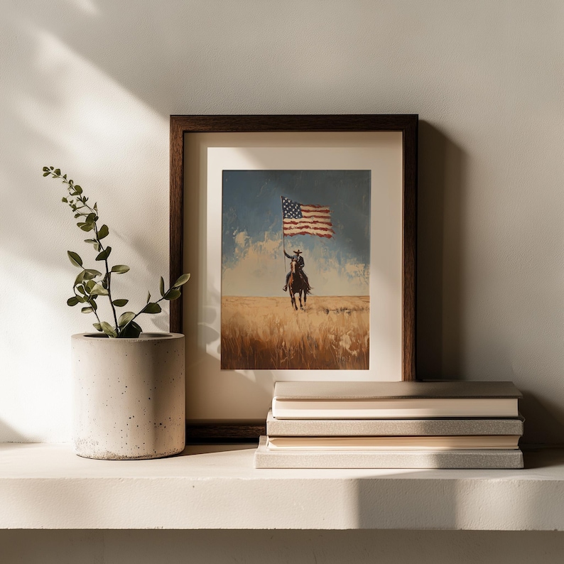 Lone equestrian riding with flag painting for living room — features a tranquil wheat field and evokes a nostalgic Americana mood.
