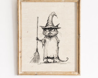 Spooky Witch Cat with Broom, Halloween Printable Wall Art (Digital Download) 383