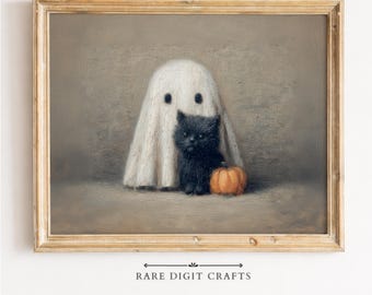 Cute Black Cat Ghost Costume, Halloween Pumpkin Printable Wall Art (Digital Download) 421