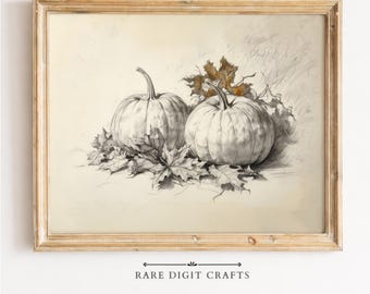 Vintage Pumpkin Pencil Sketch, Fall Leaves Farmhouse Wall Art (Digital Download) 423