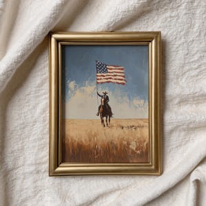 Lone rider holding flag digital download for study — rustic painting with a minimalist style, ideal for an Americana-inspired atmosphere.