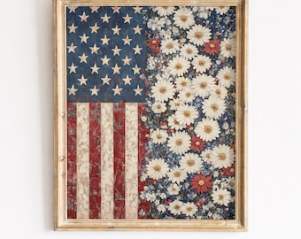 American Flag with Daisies Art, Rustic Vintage Americana Decor (Digital Download) 15