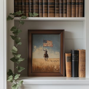 Lone horseback rider silhouette poster for home gallery — minimalist Americana art with muted tones and a rustic, moody vibe.