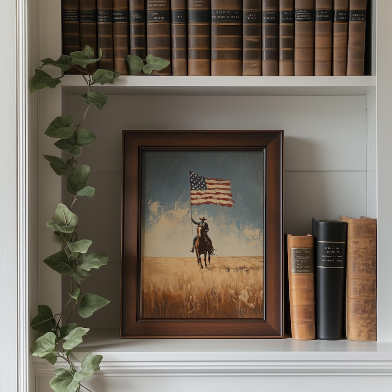 Lone horseback rider silhouette poster for home gallery — minimalist Americana art with muted tones and a rustic, moody vibe.