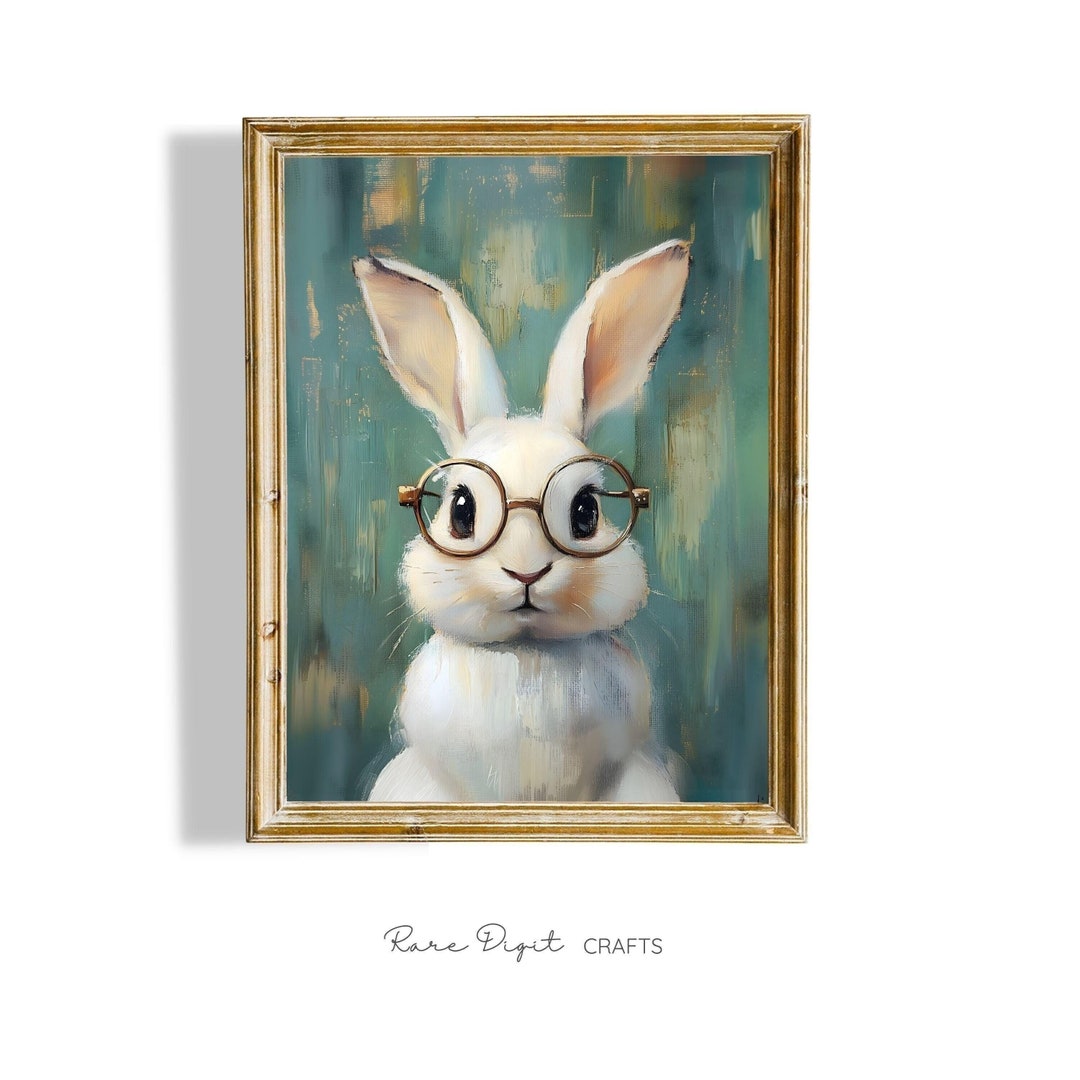 Cute Easter Bunny With Glasses Print, White Rabbit With Glasses Art ...