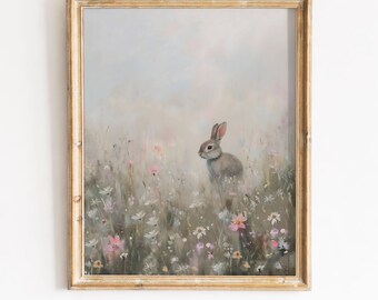 Vintage Easter Bunny Floral Print, Cottagecore Wall Art (Digital Download)