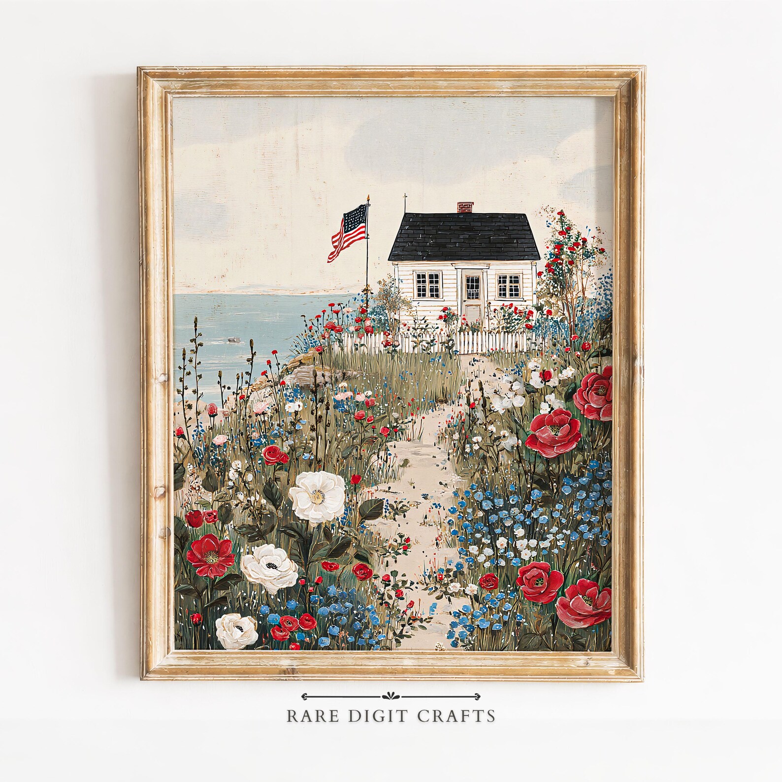 Americana Cottage Floral Print, Patriotic 4th of July Wall Art (digital ...