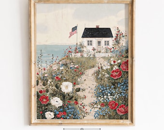 Americana Cottage Floral Print, Patriotic 4th of July Wall Art (Digital Download)