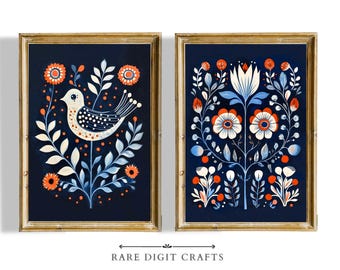 Estampados florales escandinavos con aves: Arte popular en azul marino (Descarga digital)