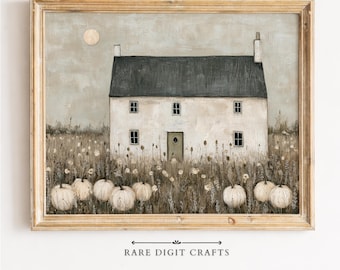 May include: A framed painting depicting a white house with a dark gray roof situated in a field of tall grass and white pumpkins. A pale moon is visible in the sky. The text RARE DIGIT CRAFTS is printed at the bottom of the artwork in black.