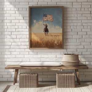 American flag horseman artwork for den — warm color palette with a minimalist feel, perfect for a vintage western-themed space.