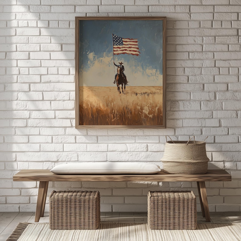 American flag horseman artwork for den — warm color palette with a minimalist feel, perfect for a vintage western-themed space.