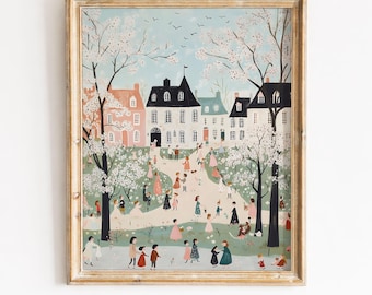 Cottagecore Spring Village Art Print, Whimsical Easter Decor (Digital Download)