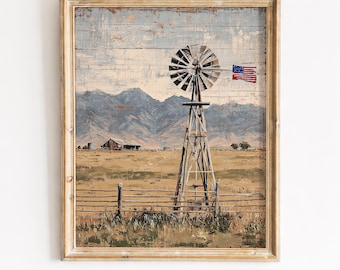 Vintage Americana Windmill Wall Art, American Flag Landscape Print, Western Country Art, Digital Download