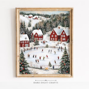 Könnte beinhalten: Ein gerahmter Druck zeigt eine verschneite Winterlandschaft mit roten Häusern, Tannenbäumen und Menschen, die auf einer zentralen Eisbahn Schlittschuh laufen. Die Szene enthält ein kleines Lagerfeuer und Schneefall. Der Text RARE DIGIT CRAFTS steht unten.