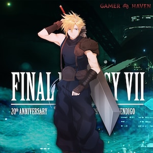 May include: A digital illustration of a blonde-haired character from the video game Final Fantasy VII. The character is wearing a black shirt, blue trousers, and brown boots. The character is holding a large sword. The background is a blue and green cityscape.