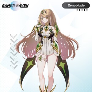 May include: Glossy 3" x 6" die-cut sticker featuring Mythra from the Xenoblade video game series. She is depicted in a white and green outfit with gold accents, and has long blonde hair.