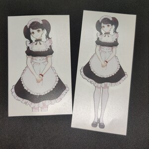 May include: Two images of a cartoon maid with black hair, wearing a white and black maid outfit with a pink bow. The maid is holding her hands in front of her.