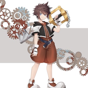 May include: A cartoon character with brown hair and blue eyes wearing a white and black shirt, brown pants, and white shoes. The character is holding a large, gold keyblade with a chain. The background is a gray and white pattern of gears.