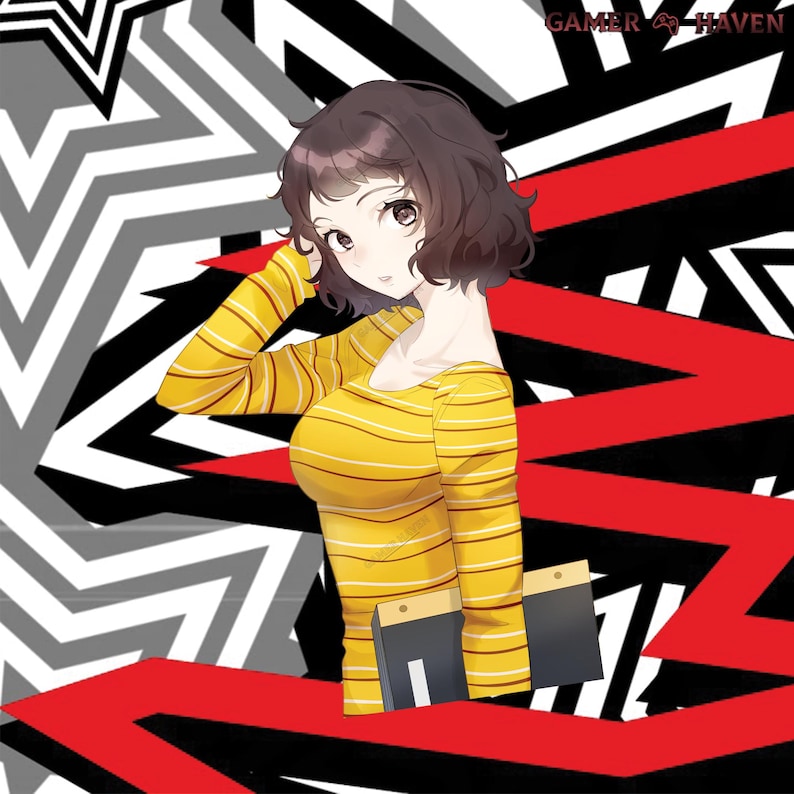 May include: A young woman with short brown hair is wearing a yellow and white striped shirt. She is holding a black and silver folder in her right hand. The background is a black and white pattern with red accents.