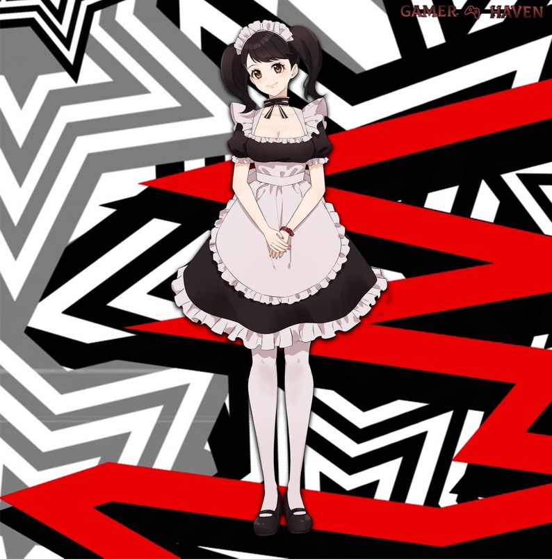 May include: A woman in a black and white maid outfit with a white apron and a black bow. She has black hair with two pigtails and is standing on a black and white background with red stripes.