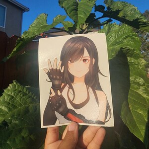 K&ouml;nnte beinhalten: Ein Aufkleber mit einer Anime-Illustration einer Frau mit langen braunen Haaren, die ein wei&szlig;es Tanktop und schwarze Handschuhe mit roten Akzenten tr&auml;gt. Der Aufkleber wird vor einer gr&uuml;nen, belaubten Pflanze vor blauem Himmel gehalten.