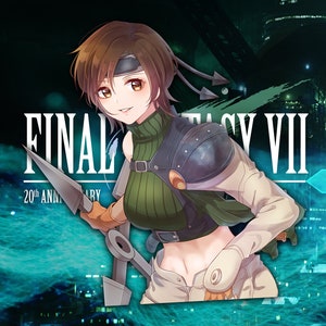May include: A digital illustration of a female character from the video game Final Fantasy VII. She is wearing a green and brown outfit with a sword in her hand. The text "Final Fantasy VII 20th Anniversary" is in the background.