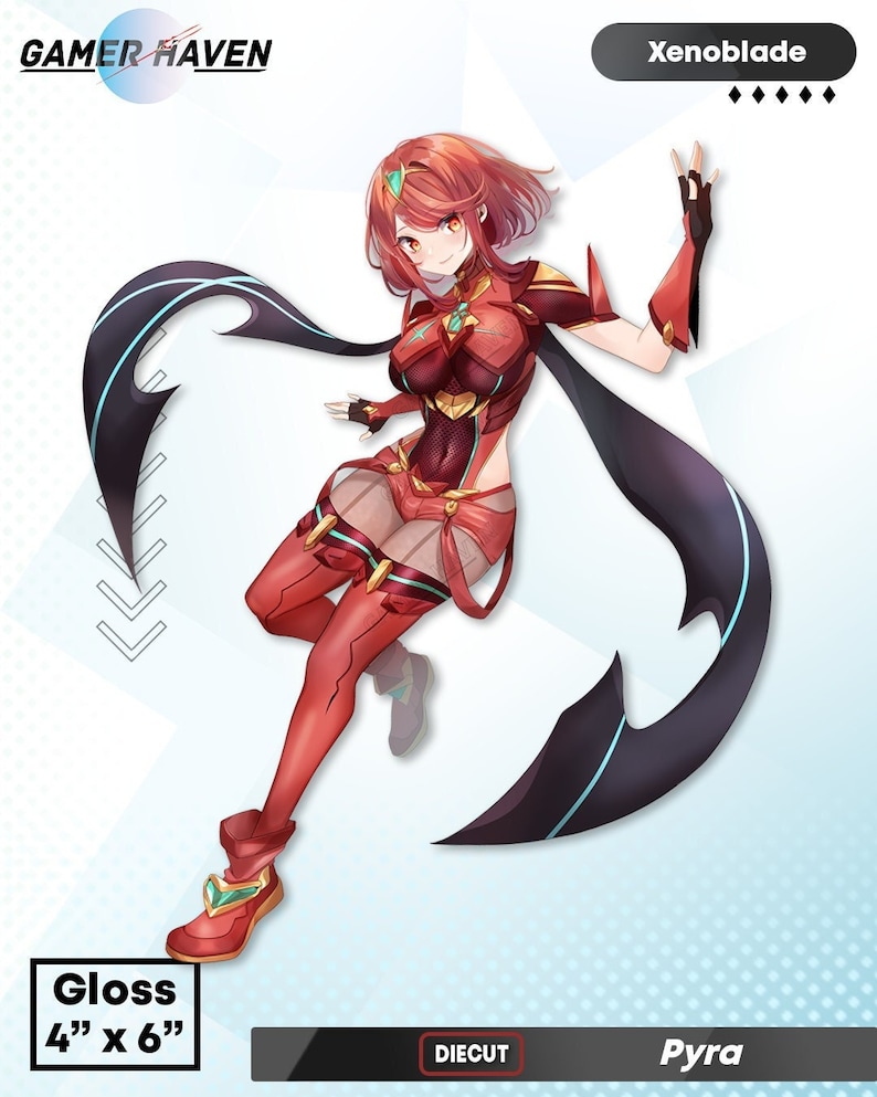 May include: Glossy sticker featuring Pyra from the Xenoblade video game series. The sticker is 4 inches by 6 inches and features a red and black colour scheme. The sticker is die-cut and has a glossy finish.