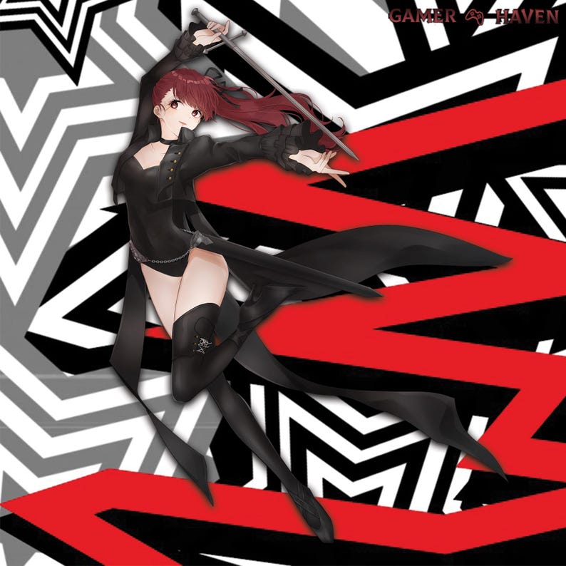 May include: A female anime character in a black outfit with a sword, standing on a red and black geometric background. The background has a pattern of stars and zigzags.
