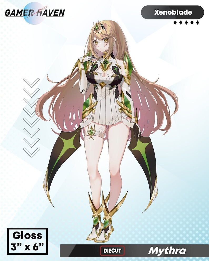 May include: Glossy 3" x 6" die-cut sticker featuring Mythra from the Xenoblade video game series. She is depicted in a white and green outfit with gold accents, and has long blonde hair.