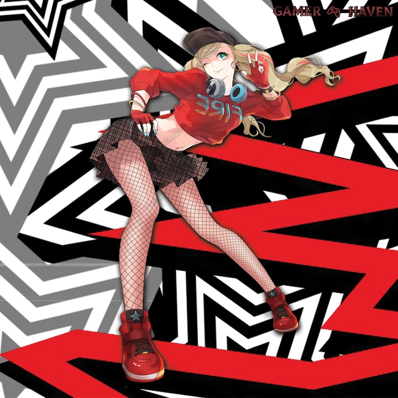 May include: Anime-style illustration of a character in a red crop top with the word "FIRE" and the number "3913" printed on it. The character wears a black cap, headphones, and a plaid skirt. Red sneakers and fishnet stockings complete the look. The background features a black, white, and red geometric design.