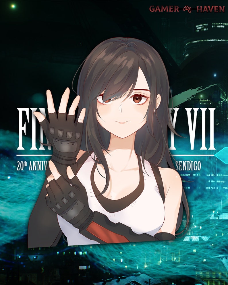 K&ouml;nnte beinhalten: Anime-Illustration eines Charakters aus Final Fantasy VII, der ein wei&szlig;es Tanktop und schwarze Handschuhe tr&auml;gt. Das Bild zeigt den Text "FINAL FANTASY VII" und "20th ANNIVERSARY" mit einem Gamer Haven-Logo in der oberen rechten Ecke.
