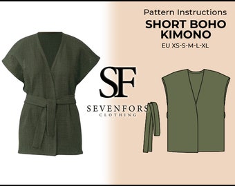 Short Boho Kimono Sewing Pattern, Kimono Sewing, Kimono PDF Instant Download, XS-S-M-L-XL Pdf Sewing Pattern, Women's Clothing Sewing diy