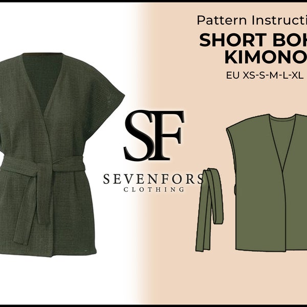 Short Boho Kimono Sewing Pattern, Kimono Sewing, Kimono PDF Instant Download, XS-S-M-L-XL Pdf Sewing Pattern, Women's Clothing Sewing diy