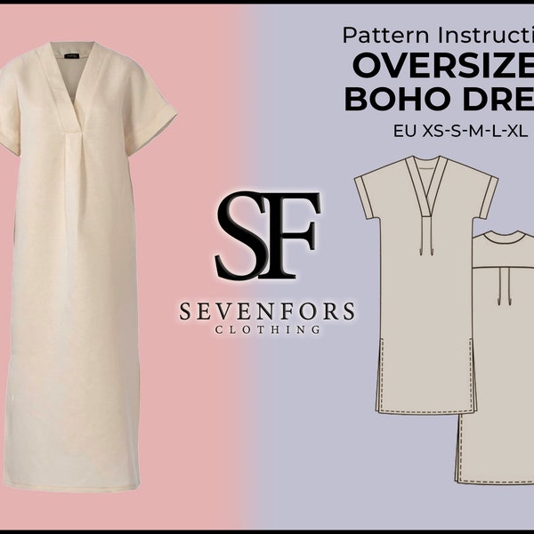 Oversized Boho Dress Sewing Pattern, Shabby Dress Pattern, PDF Instant Download XS-S-M-L-XL Sizes Sewing Pattern Women's Clothing V Neck