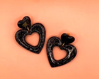 Black Glitter Heart Hoops