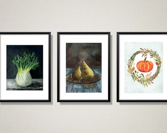 Set of 3 seasonal fruits and vegetables, Wall art, Culinary illustration, decoration, Digital download